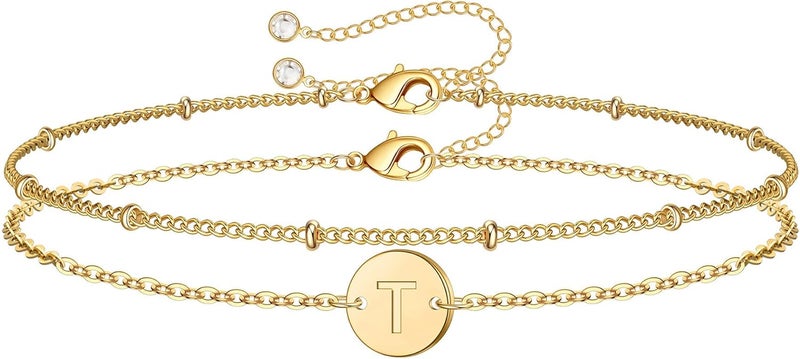 MONOZO Gold Initial Bracelets for Women Girls Valentines Day Gifts - Dainty 14K Gold Plated Layered Beaded Letter Initial Bracelet 26 Alphabet Disc Monogram Charm Bracelet Valentines Day Gifts for Her - Image 1
